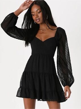 NWT Lulus Longing and Love Black Swiss Dot Puff Long Sleeve Mini Dress